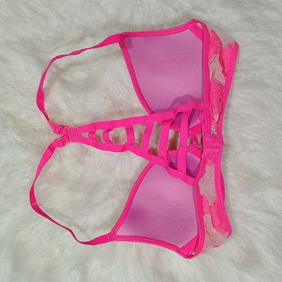 VS PINK lightly lined neon pink & nude floral racer back bra 32B - Picture 5 of 5